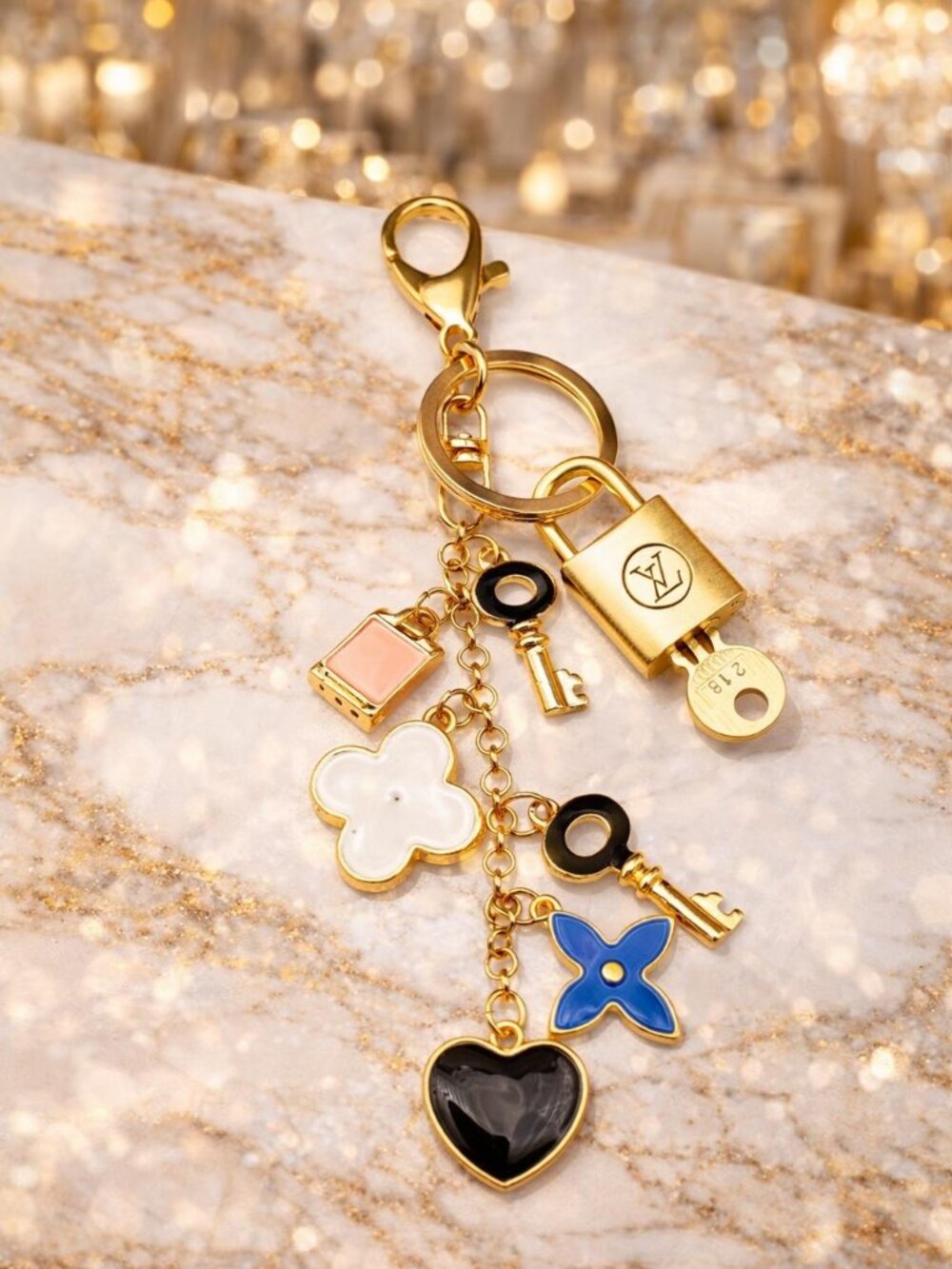 Authentic Louis Vuitton Gold Padlock & Key 🔒 LV Bag Charm w/ Unbranded Keychain